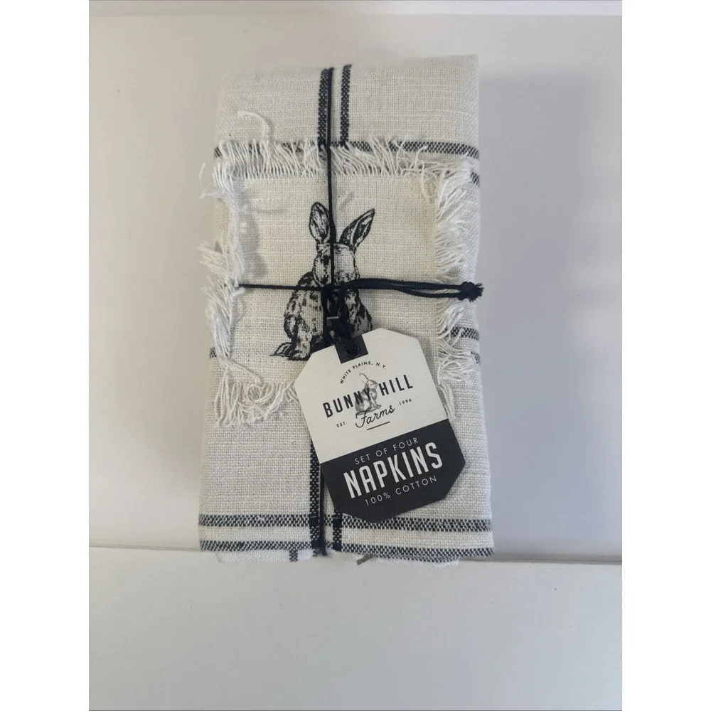 x4 BUNNY HILL FARMS NEW!!! EASTER Napkins‎ Fringe Cotton Plaid Cream Black CUTE!